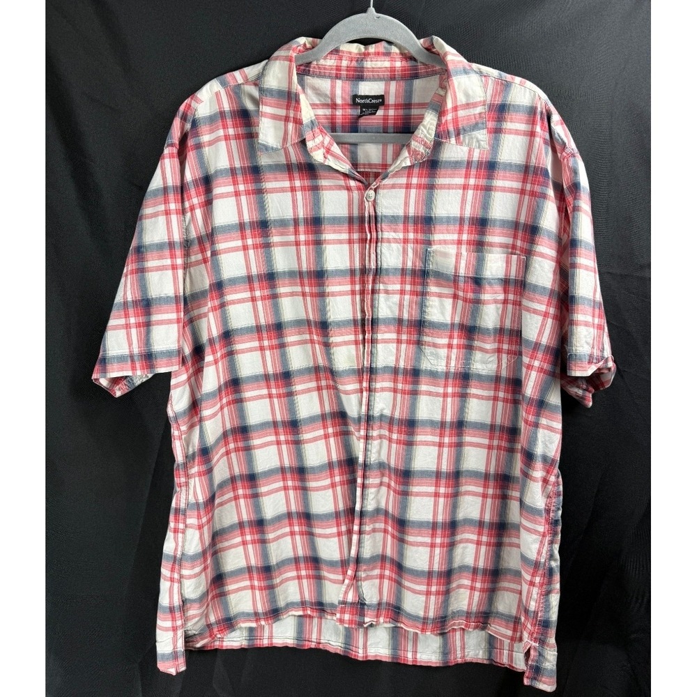 NorthCrest Mens Plaid Short Sleeve Button Up Shirt XL Red Blue‎ White Cotton